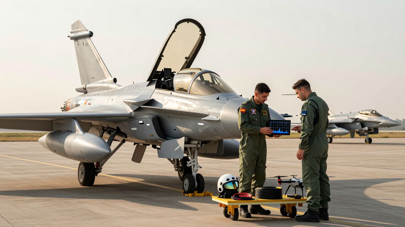 Dwóch pilotów w kombinezonach obok samolotu myśliwskiego na lotnisku, sprawdzają dane na laptopie.