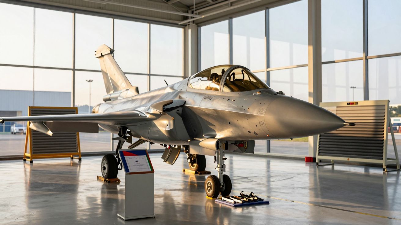 Myśliwiec odrzutowy w hangarze, oświetlony promieniami słońca wpadającymi przez duże okna.