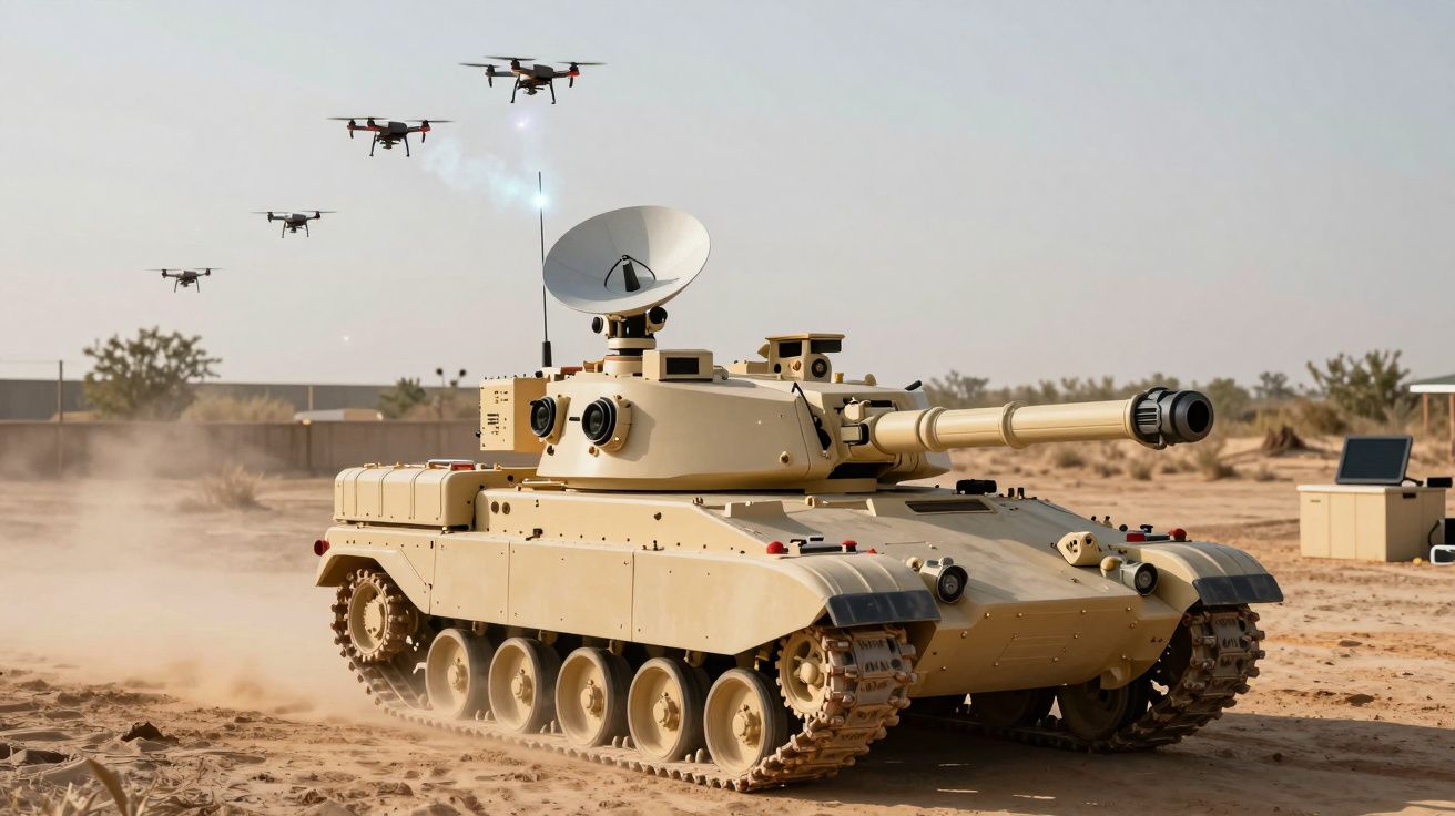 Czołg na pustyni z dużym talerzem antenowym, w tle kilka dronów unoszących się w powietrzu.