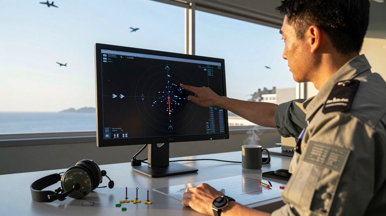 Mężczyzna w mundurze siedzi przy biurku, wskazując na ekran komputera z wyświetlonym radarowym obrazem lotniczym.