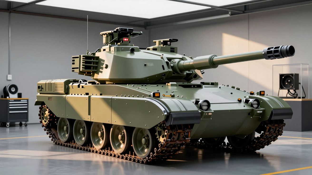 Zielony czołg stoi w jasno oświetlonym hangarze na tle szarej ściany.