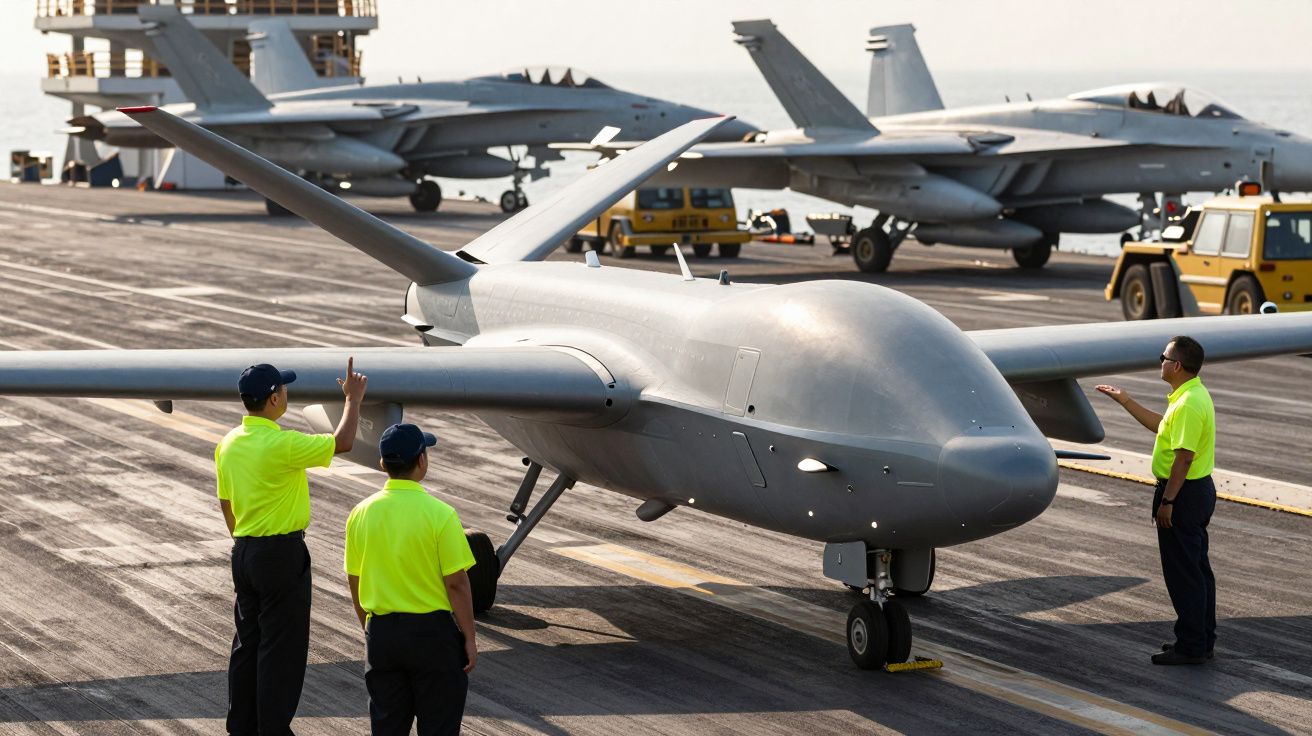 Lądowanie drona na lotniskowcu, otoczonego przez personel w jasnożółtych kamizelkach.