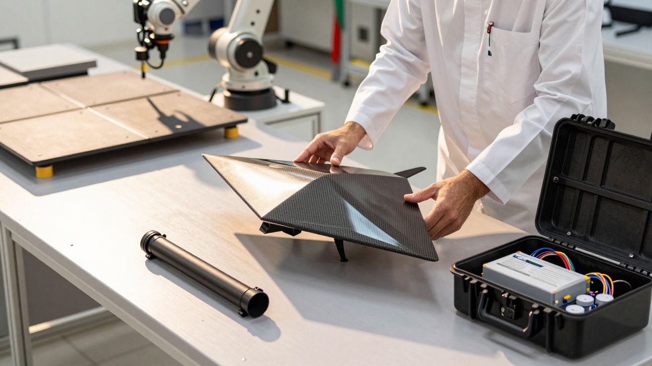 Naukowiec w białym fartuchu pracuje z dronem na stole w laboratorium, obok walizka z elektroniką.