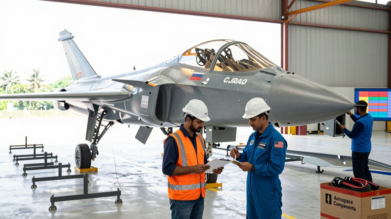 Dwóch techników w hełmach przegląda dokumenty przed odrzutowcem w hangarze.