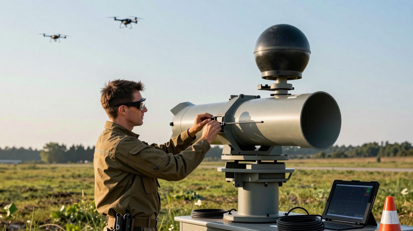 Mężczyzna obsługujący urządzenie do kontroli dronów na polu, w tle latają dwa drony.