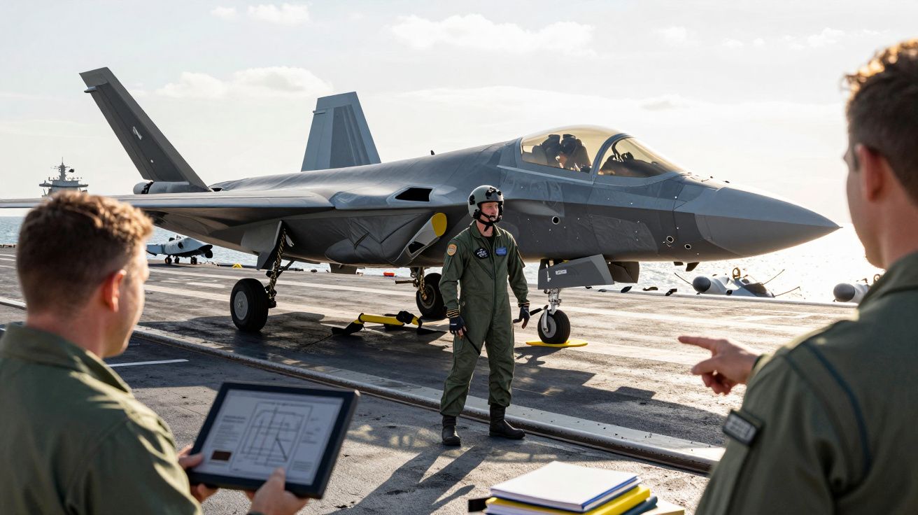 Żołnierze na pokładzie lotniskowca rozmawiają obok myśliwca F-35.