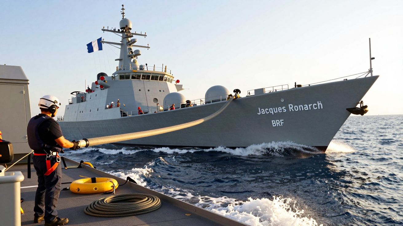 Statek wojskowy "Jacques Ronarc'h" na morzu, marynarz w hełmie trzyma wąż na pokładzie, flaga Francji powiewa.