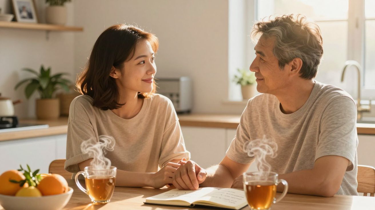 Para siedząca przy stole w kuchni, trzymając się za ręce. Na stole znajdują się herbaty, książka i owoce.