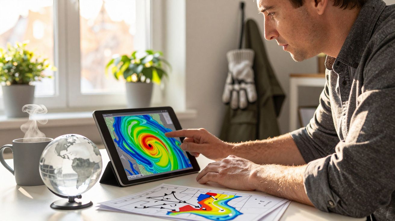 Mężczyzna analizuje dane pogodowe na tablecie, siedząc przy biurku z mapami i filiżanką kawy.