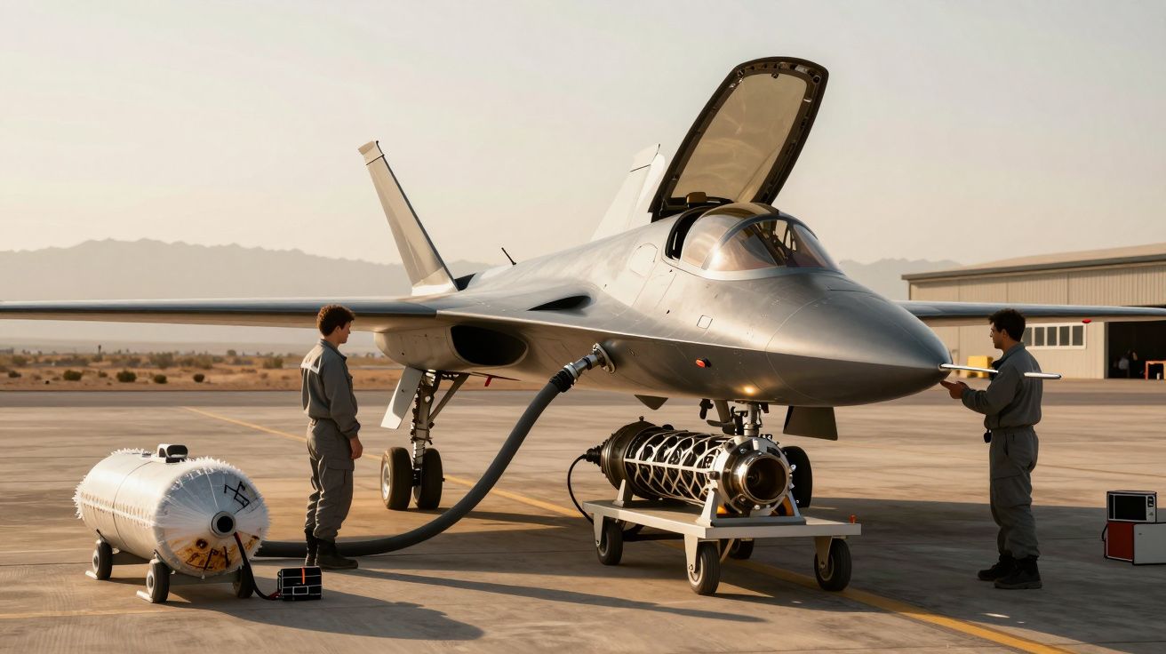 Myśliwiec odrzutowy na pasie startowym, tankowany przez dwóch techników.