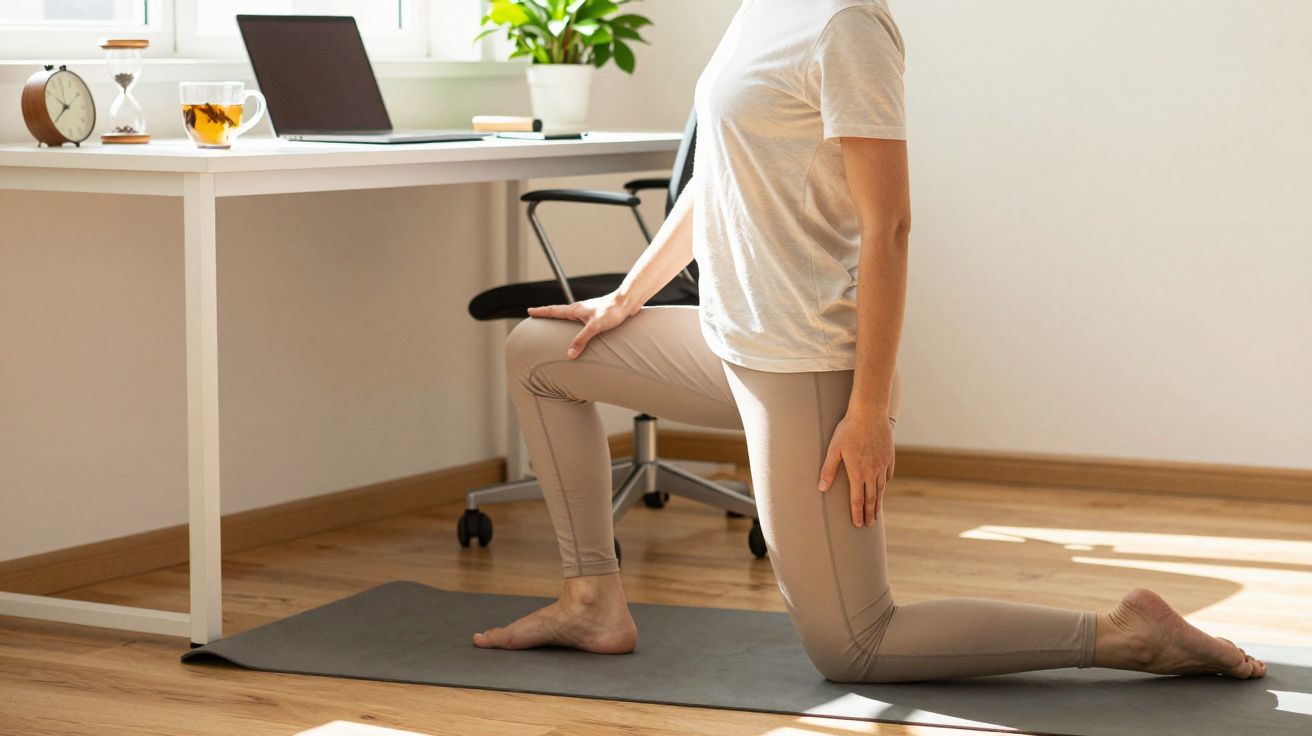Osoba w białej koszulce wykonuje ćwiczenia rozciągające na macie obok biurka w jasnym pokoju.