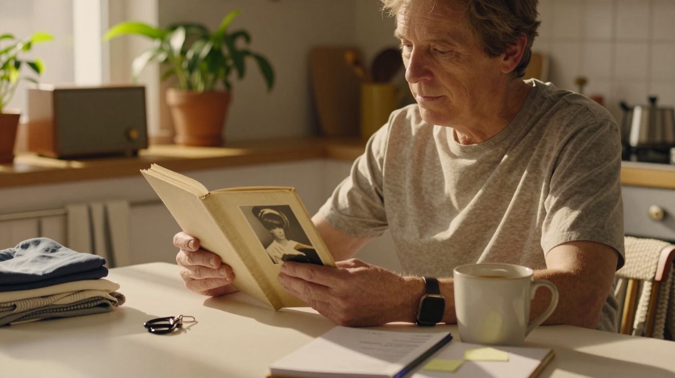 Starszy mężczyzna czyta książkę przy stole, obok filiżanka kawy, notes i złożone ubrania.