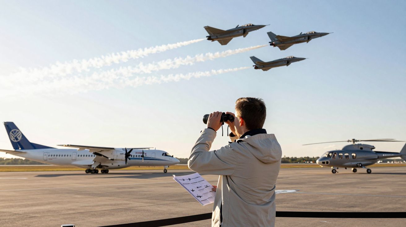 Mężczyzna z lornetką obserwuje myśliwce na niebie, samolot pasażerski i helikopter na lotnisku.