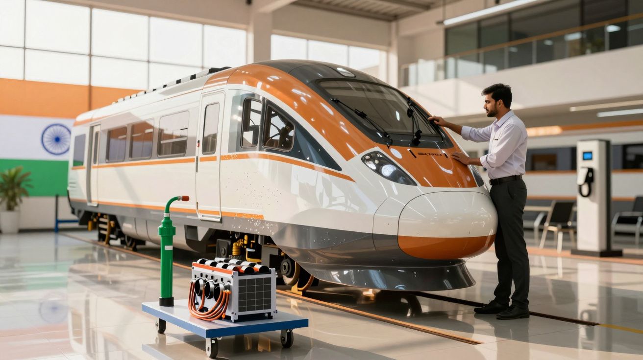 Mężczyzna sprawdza nowoczesny pomarańczowo-srebrny pociąg w hali z indyjską flagą w tle.