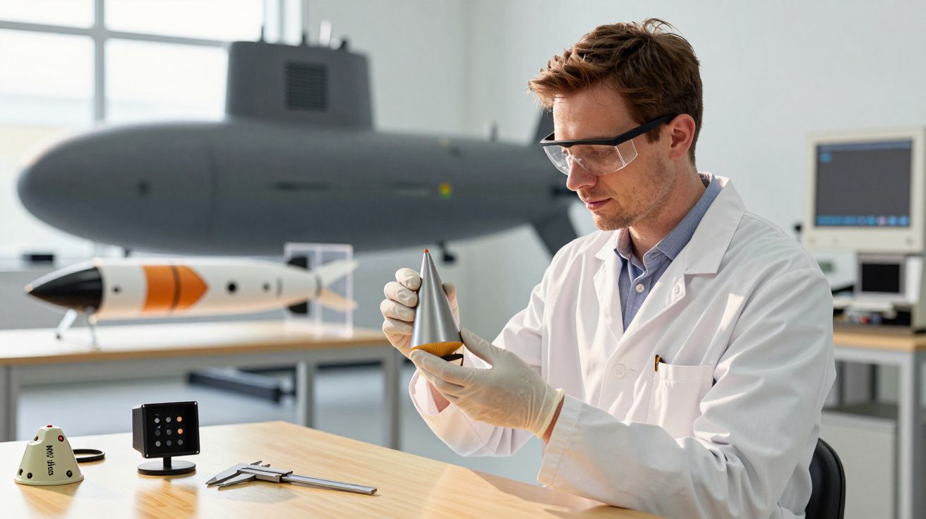Mężczyzna w białym fartuchu i goglach trzyma mały model rakiety w laboratorium z makietą okrętu w tle.