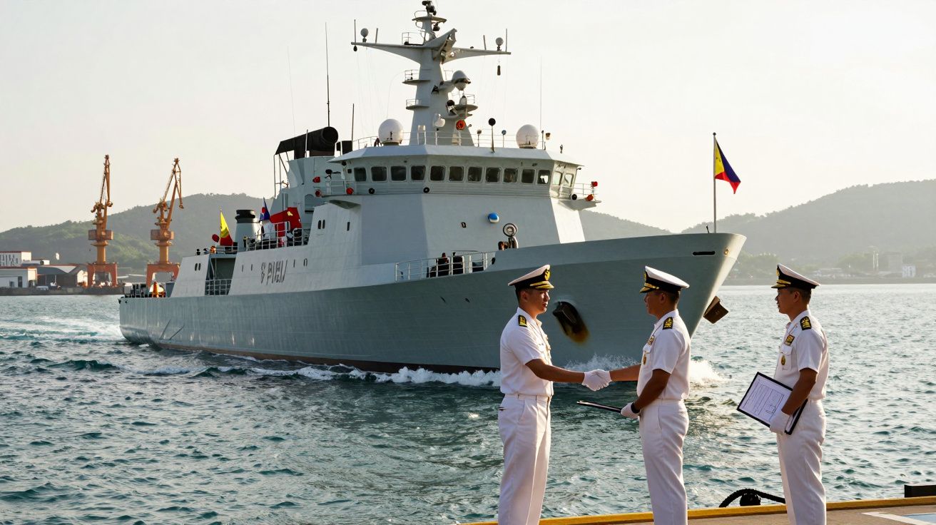 Marine wojskowe na pokładzie okrętu wojennego przy nabrzeżu, w tle widać dźwigi portowe i góry.