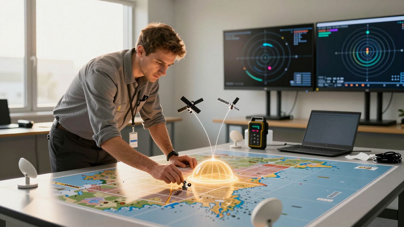 Mężczyzna pracuje przy cyfrowej mapie z holograficznymi satelitami, w biurze z monitorami na ścianie.