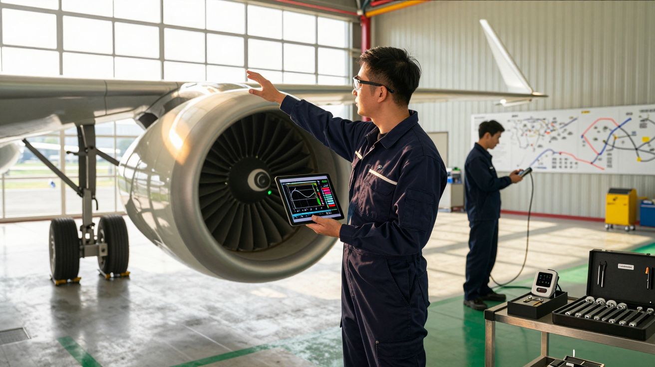 Technik z tabletem sprawdza silnik odrzutowca, drugi pracownik w tle przy tablicy narzędzi.
