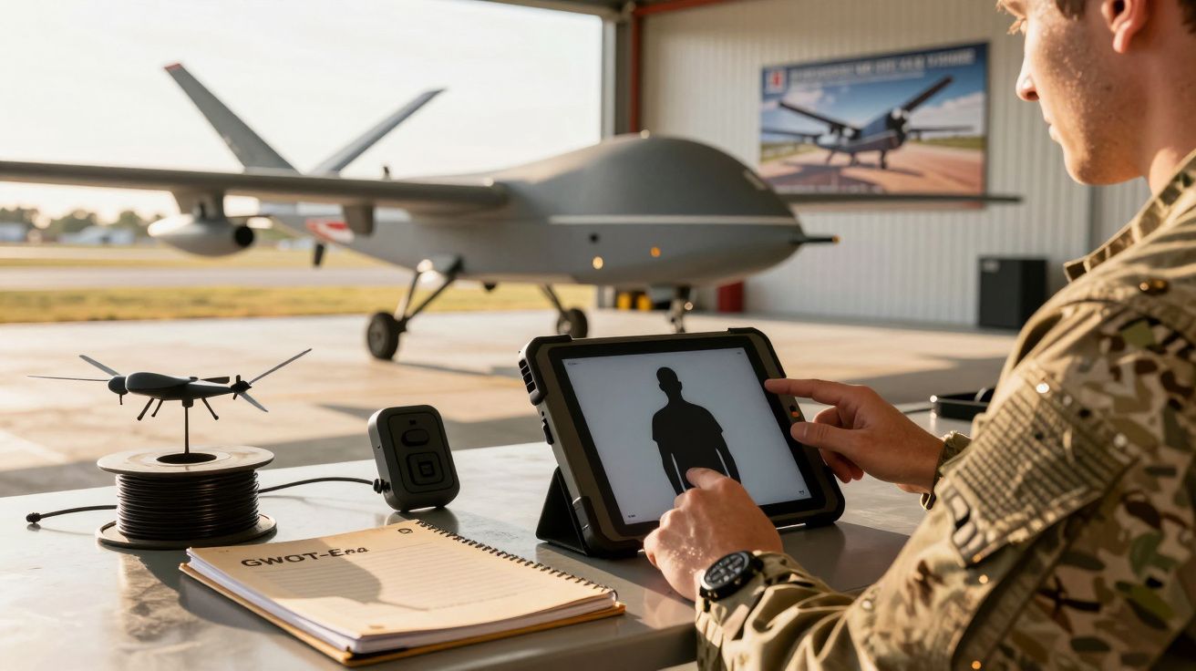 Żołnierz obsługujący drona na tablecie, w tle duży dron w hangarze.