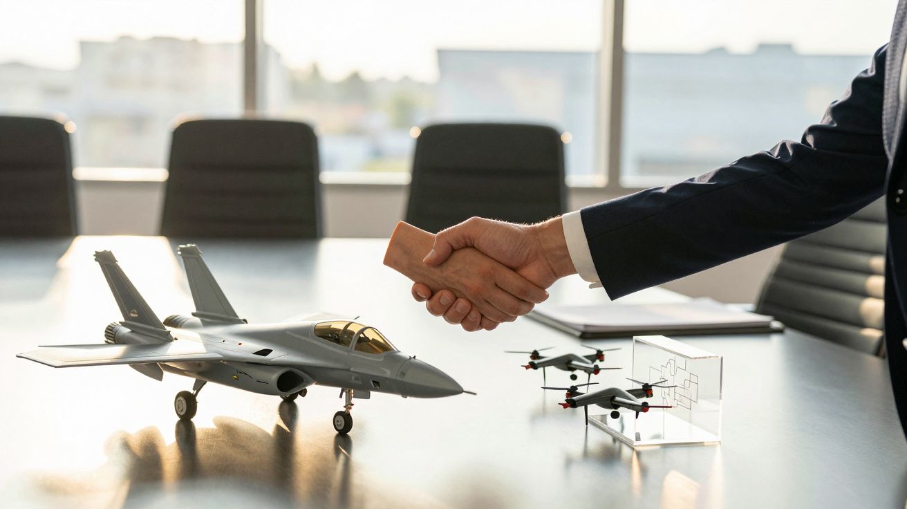 Dwie osoby wymieniają uścisk dłoni nad stołem z modelami samolotów w biurze.