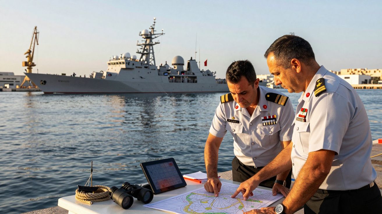 Dwóch marynarzy w mundurach konsultuje mapę na nabrzeżu, w tle okręt wojenny na wodzie.