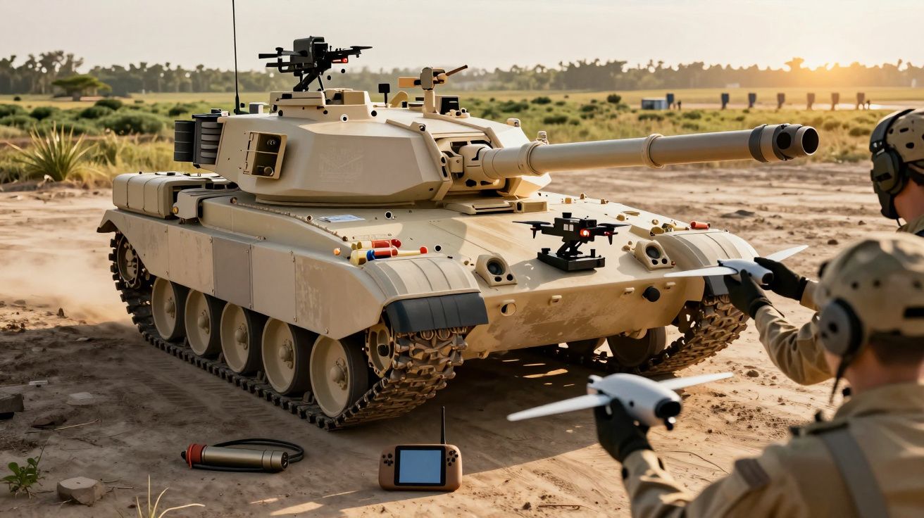 Dron-laserowy czołg na poligonie pustynnym, dwóch operatorów obsługuje pojazd przy użyciu kontrolera i tabletu.