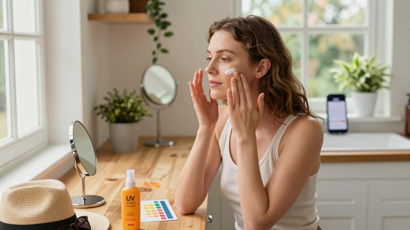 Kobieta nakłada krem przeciwsłoneczny przy stole, obok kapelusz i produkt UV.