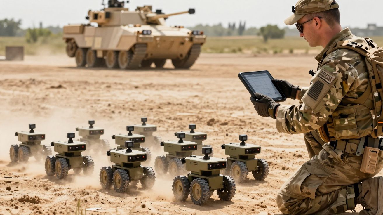 Żołnierz steruje tablet miałymi robotami na pustyni; w tle czołg.