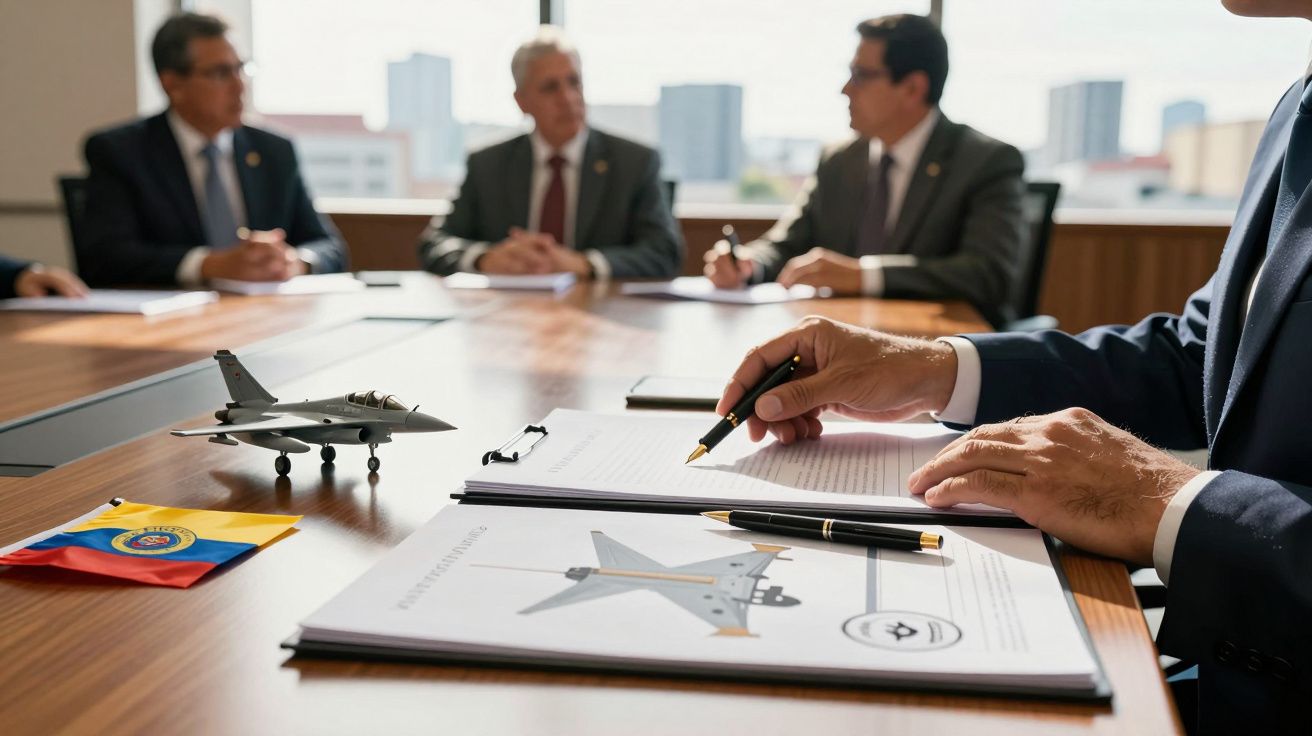 Czterech mężczyzn przy stole konferencyjnym, model samolotu i flaga na pierwszym planie.