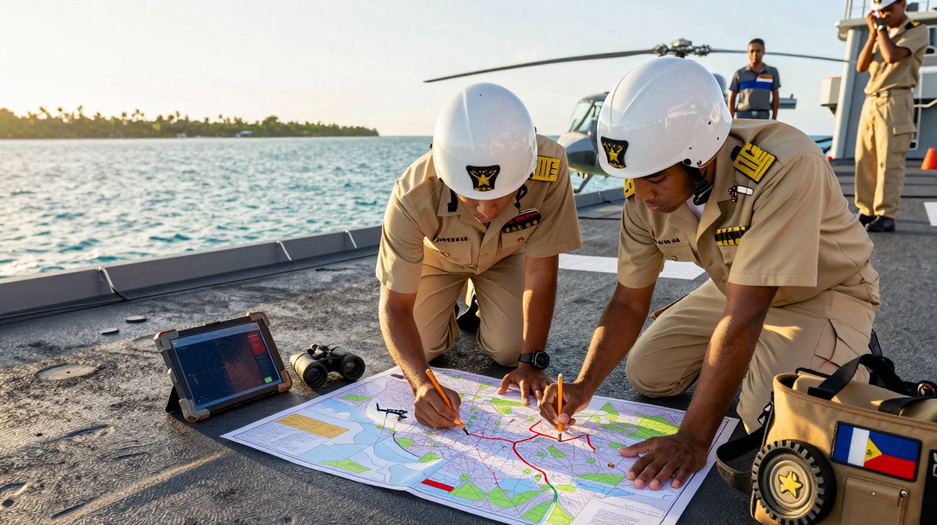 Dwóch oficerów marynarki na pokładzie statku analizuje mapę. Obok leży tablet i lornetka. W tle widać morze i helikopter.