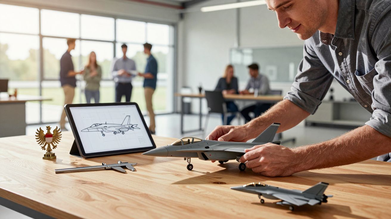 Mężczyzna pracuje nad modelami samolotów na biurku, obok tablet z rysunkiem technicznym, w tle grupa osób.