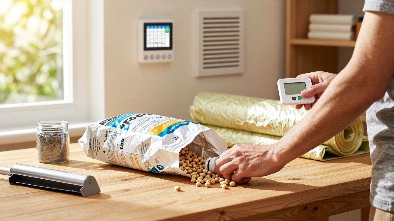 Osoba waży ziarna soi z otwartej torby na drewnianym stole, używając małego urządzenia elektronicznego.