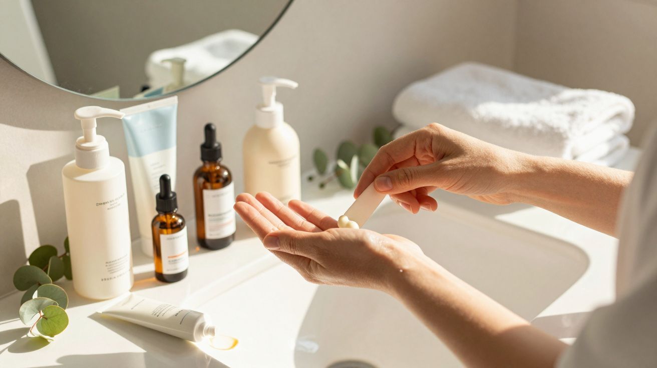 Osoba nakłada krem na dłoń w łazience z kosmetykami i ręcznikami w tle.