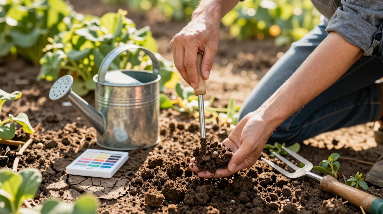 Osoba badająca glebę w ogrodzie, trzyma narzędzie i ziemię, obok konewka i przyrządy ogrodnicze.