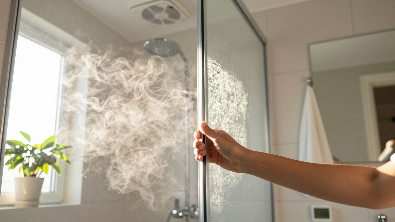 Ręka otwierająca drzwi kabiny prysznicowej, para wychodzi na zewnątrz. Obok roślina na parapecie.