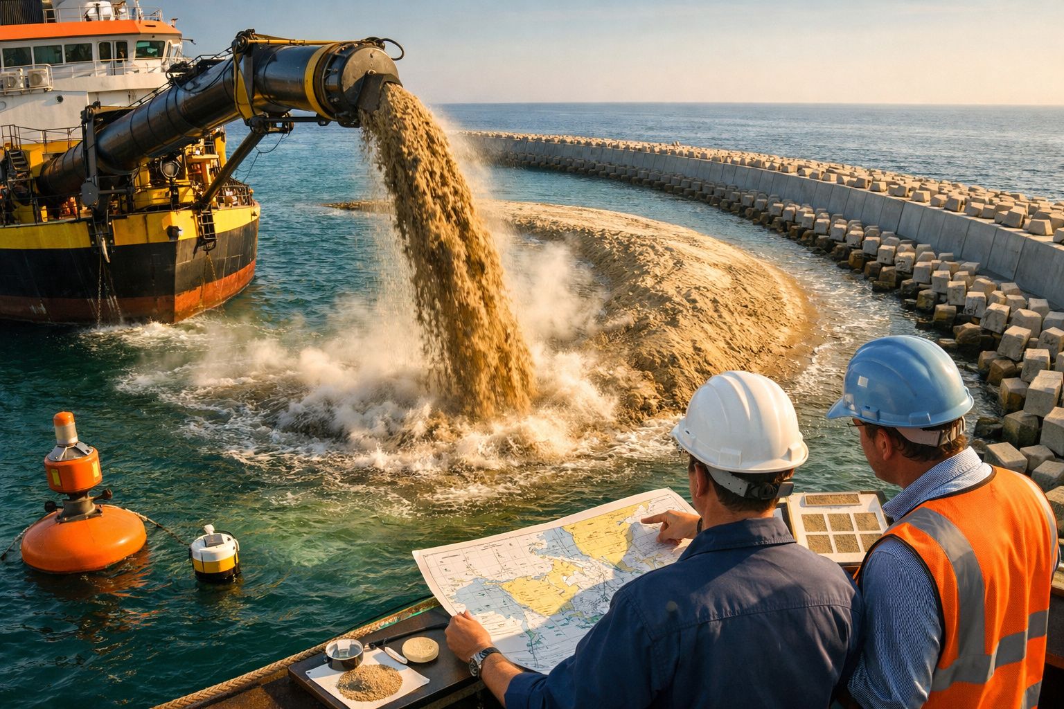 Statek wysypujący piasek do morza, tworząc półokrągłą groblę. W tle port z dźwigami.