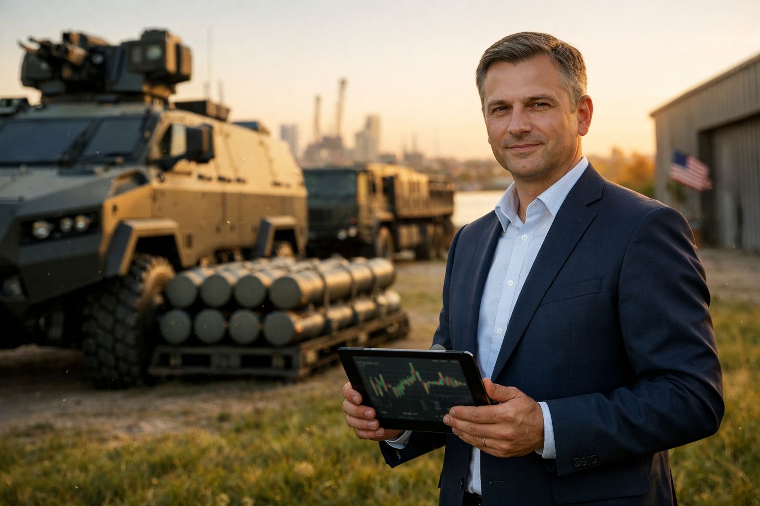 Mężczyzna w garniturze trzyma tablet z wykresem wzrostu na tle portu i ciężarówek.