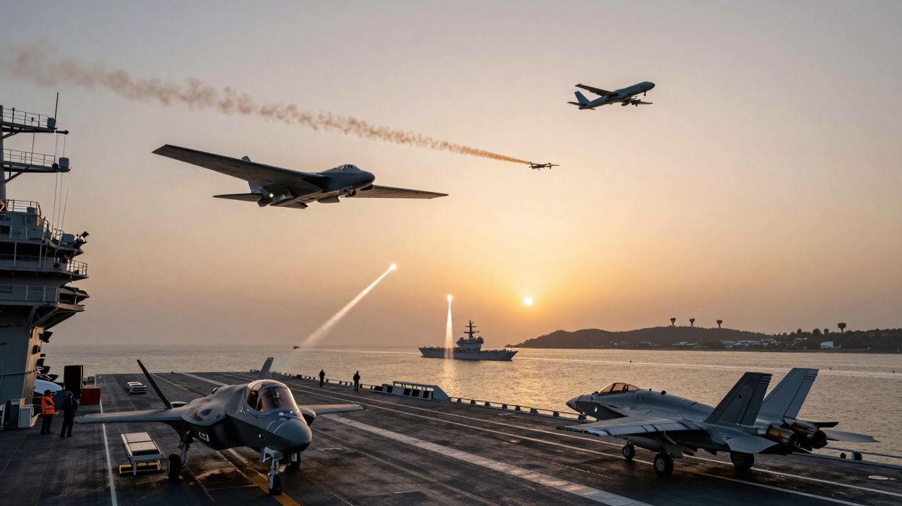 Pokład lotniskowca z samolotami i dronami w powietrzu podczas zachodu słońca nad morzem.