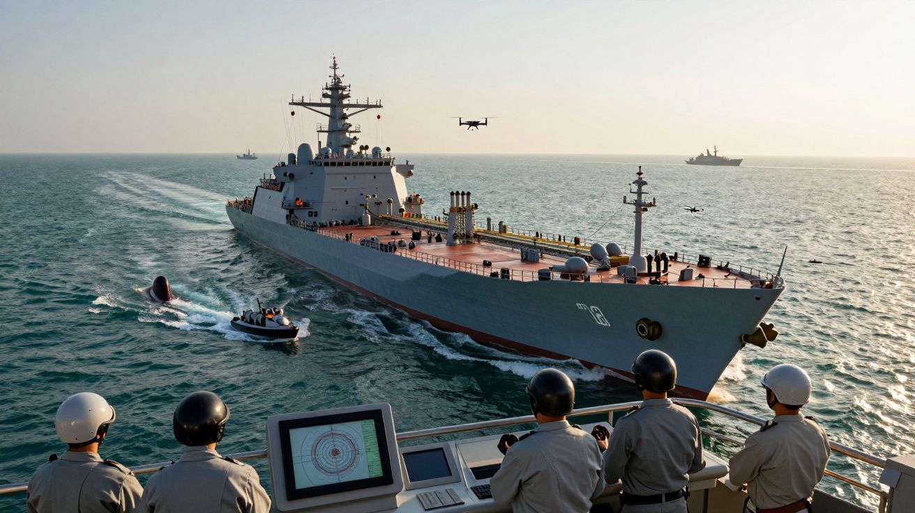 Statek wojskowy na morzu z dronami i żołnierzami na pokładzie innego okrętu.