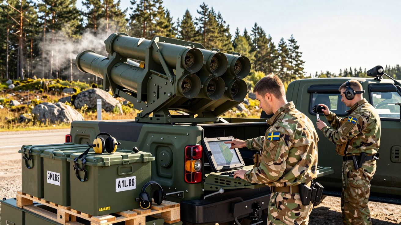 Dwóch żołnierzy w kamuflażu obsługuje wojskowy system rakietowy na otwartym terenie leśnym.