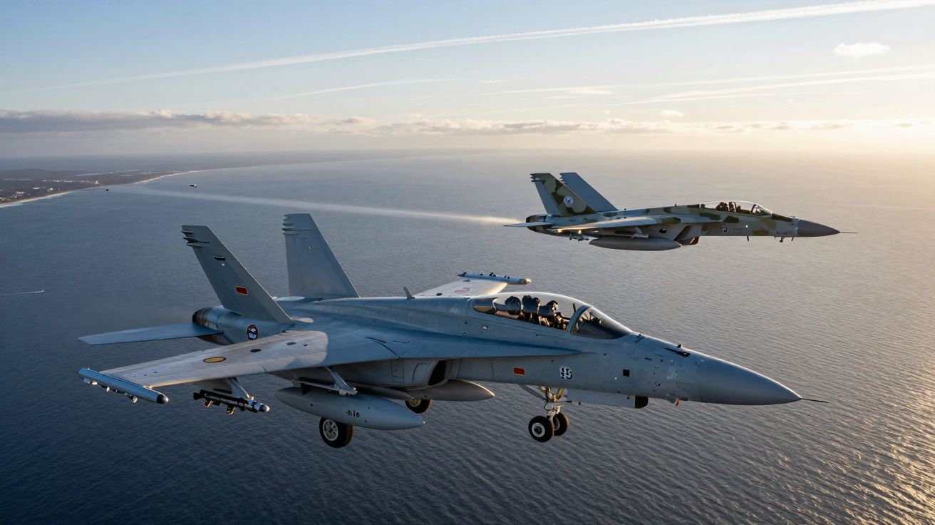 Dwa wojskowe myśliwce F/A-18 Hornet lecące nad oceanem o zachodzie słońca.