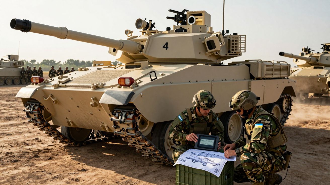 Dwa wojsko w kamuflażu analizują plany przy nowoczesnym pojeździe bojowym na pustynnej polanie.