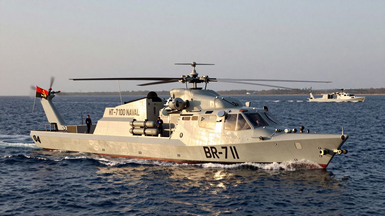 Militaryzny statek patrolowy z zamontowanym śmigłowcem na morzu, oznaczenia BR-711 i flaga Angoli.