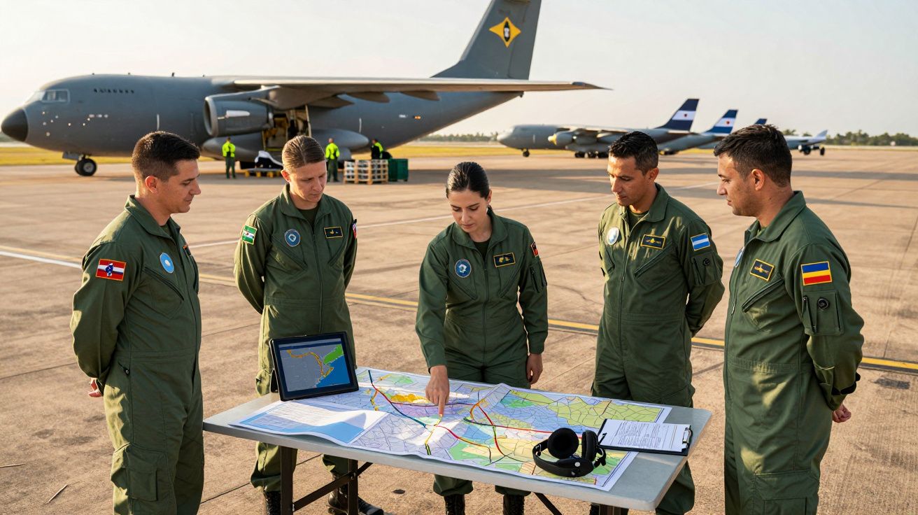 Żołnierze w mundurach planują misję przy mapie na lotnisku wojskowym z samolotami w tle.