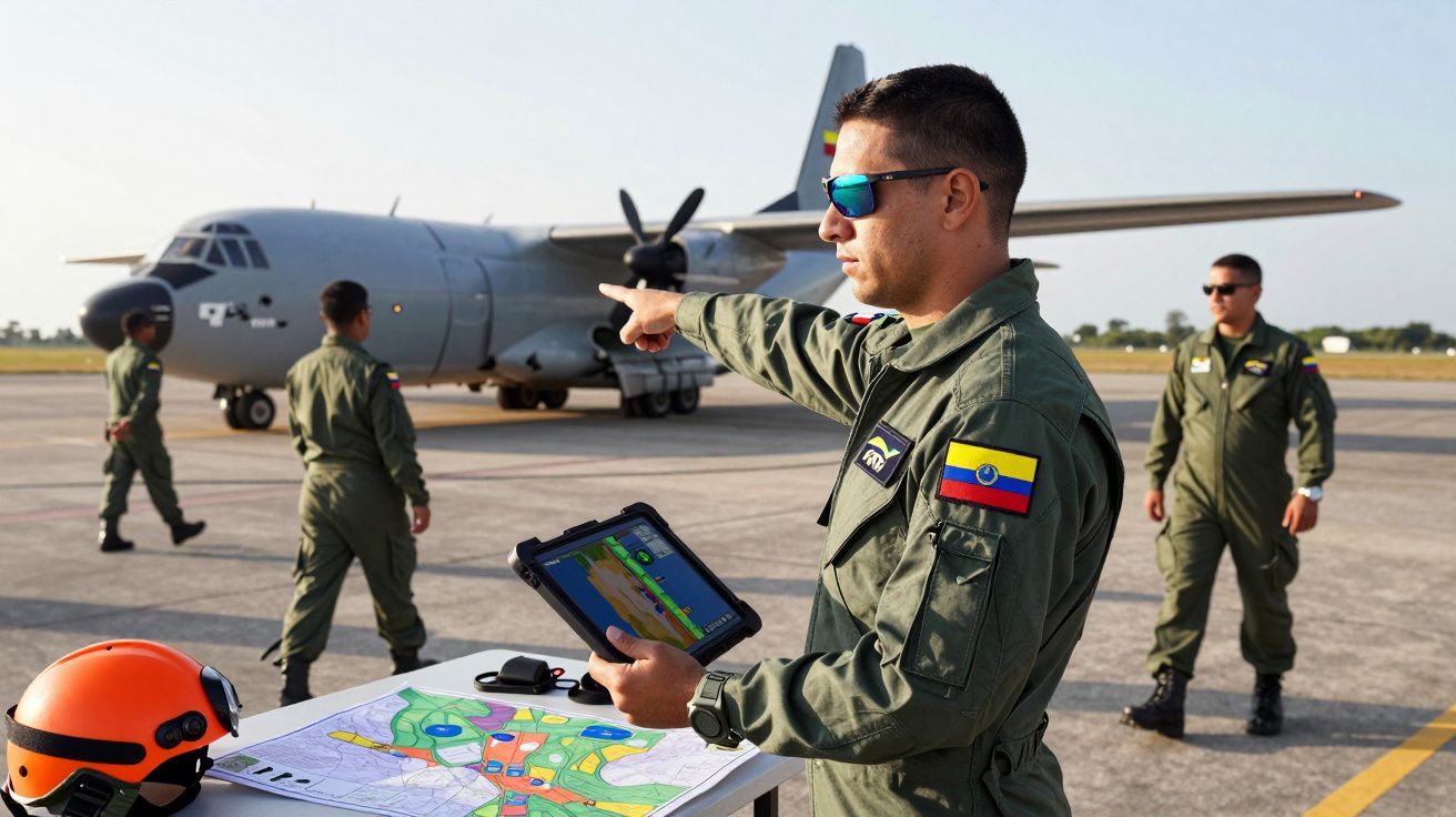 Żołnierz z tabletem i mapą, wskazuje kierunek, w tle samolot transportowy i inni żołnierze na lotnisku.