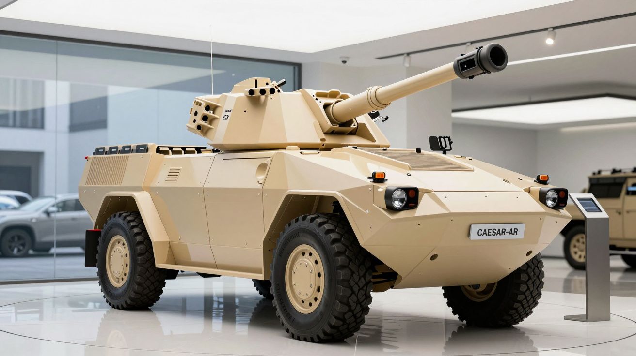 Beżowy opancerzony pojazd wojskowy z działem w nowoczesnym muzeum wojskowym.