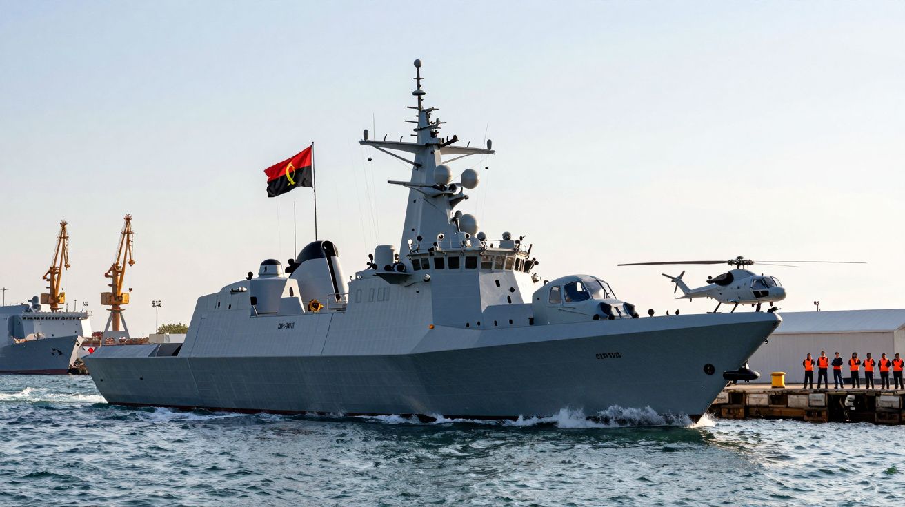 Okręt wojenny z helikopterem na dziobie i flagą Angoli wpływający do portu, ludzie na nabrzeżu.