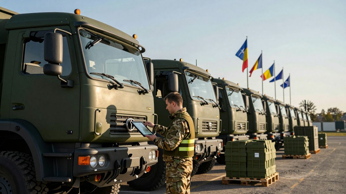 Żołnierz w mundurze sprawdza dane na tablecie przy wojskowych zielonych ciężarówkach w szyku.