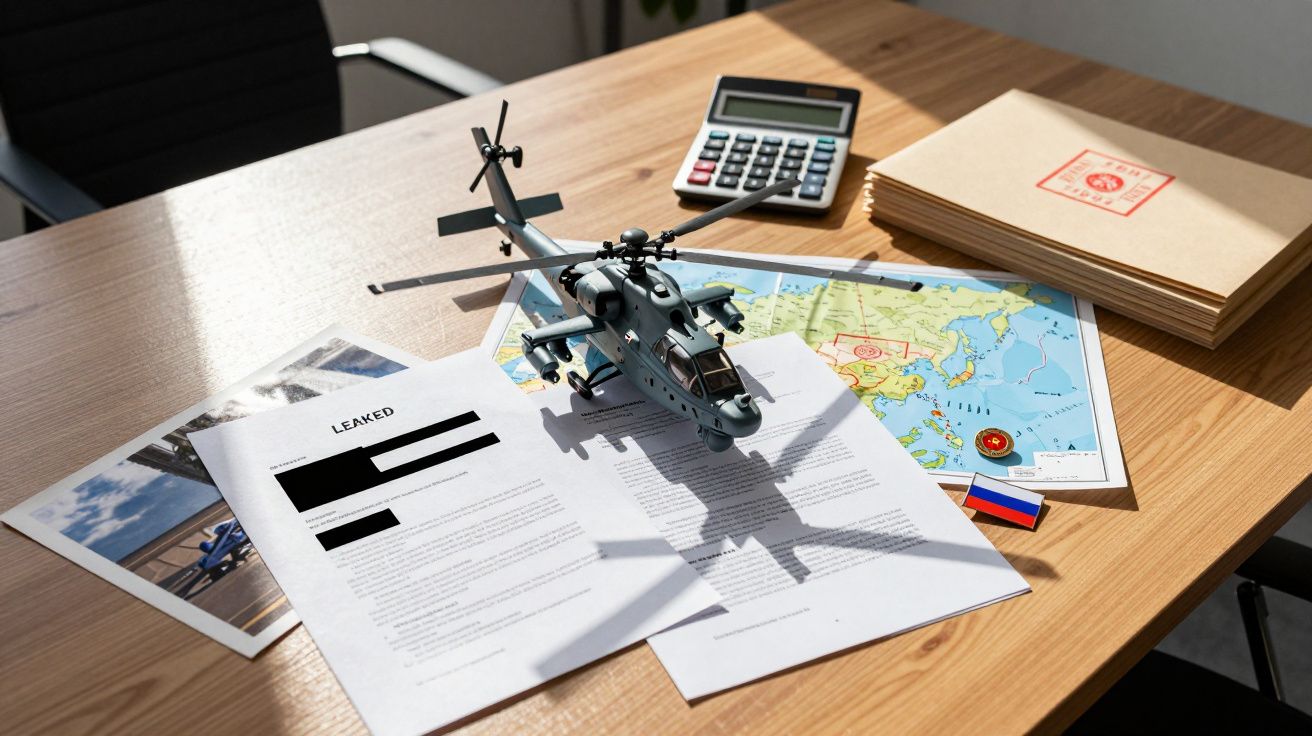 Model helikoptera na stole z dokumentami, mapą, kalkulatorem i kopertami z pieczęcią państwową.