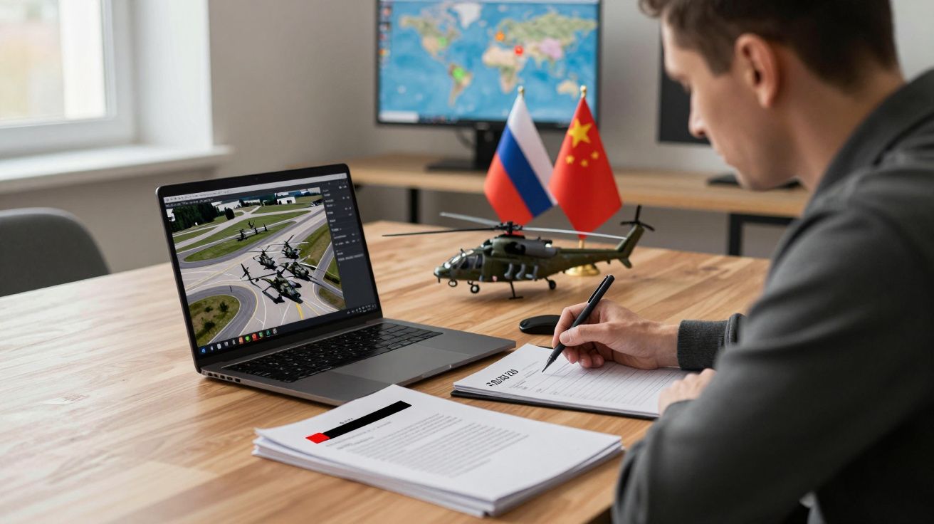 Mężczyzna piszący notatki przy laptopie z grafiką śmigłowców, model śmigłowca i flagi Rosji i Chin na stole.